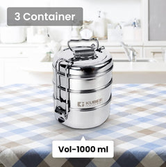 Kuber Industries Clipper Stainless Steel Tiffin Box | Lunch Box with Locking Clip I Silver | Set of 3 Box | Everyday use Home Office Steel Lunch Box (3 Container, 1000ml) (Pack of 3)