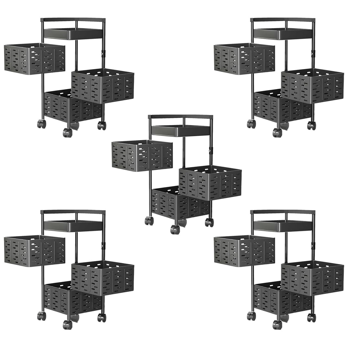 Kuber Industries 4-Layer Kitchen Trolley | 360° Rotating Storage Rack | Square Storage Rack with Wheels | Fruit and Vegetable Storage for Kitchen | Pack of 5 | (Black)