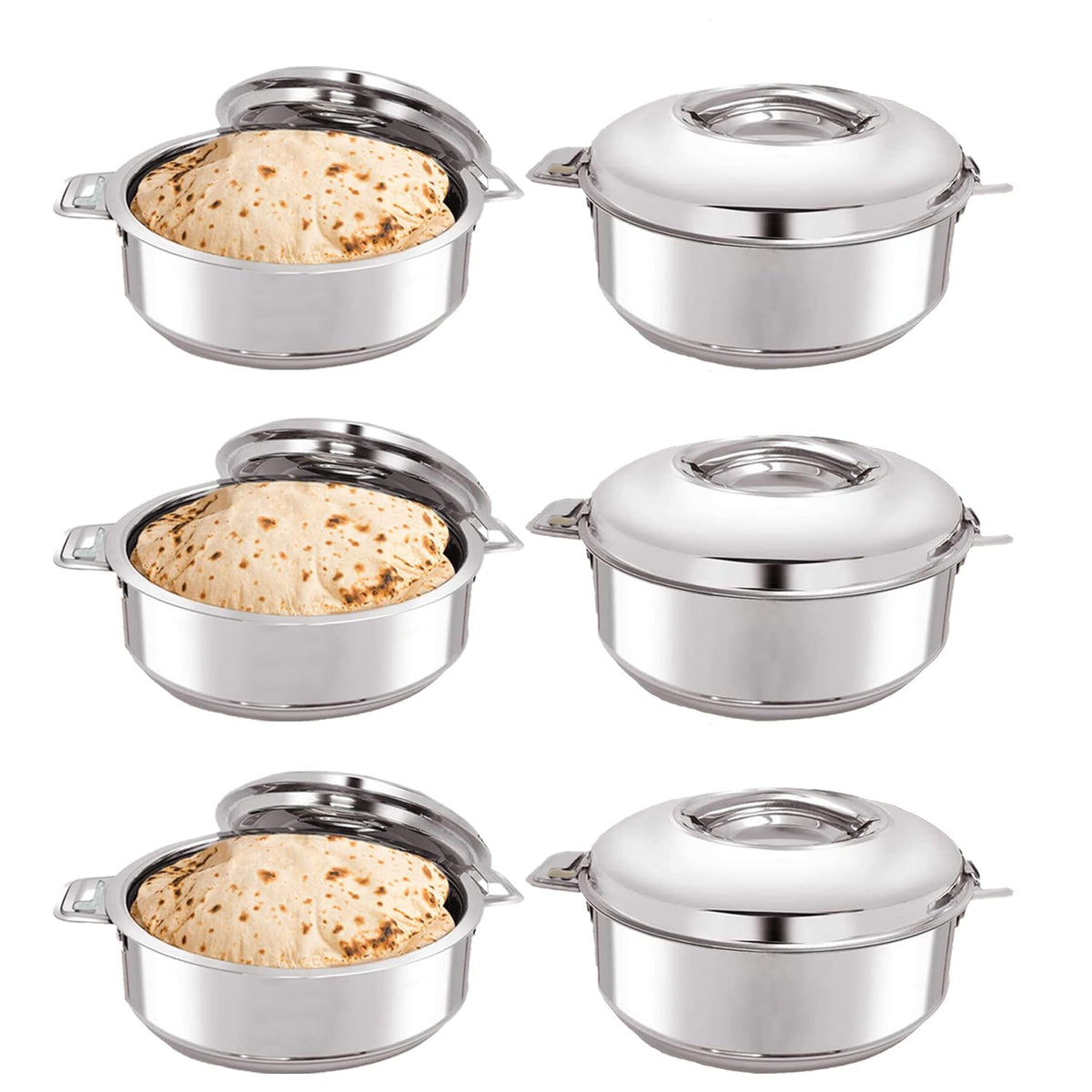 Kuber Industries Stainless Steel Casserole/Chapati Box|2000 ML Chapati Box with Easy Lock Mechanism|Garam Puri & Roti Hot Box|Double Walled Heat Retention for Upto 8 hrs|Heavy Duty Gauge (Pack of 6)