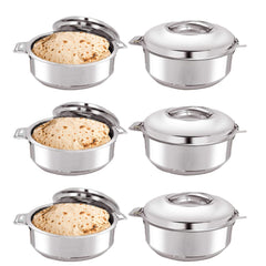 Kuber Industries Stainless Steel Casserole/Chapati Box|2000 ML Chapati Box with Easy Lock Mechanism|Garam Puri & Roti Hot Box|Double Walled Heat Retention for Upto 8 hrs|Heavy Duty Gauge (Pack of 6)
