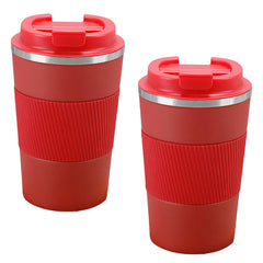 Kuber Industries Stainless Steel Insulated Coffee Mug With Sleeve|Travel Coffee Mug "380 ML"-Pack of 2|Red|