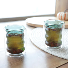 Kuber Industries 6 Pcs Waved Shape Glasses | Double Walled Borosilicate Glass | High Thermal Resistance | Microwave & Dishwasher Safe | 200 ML | Pack of 3 | Green