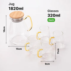 Urbane Home Borosilicate Glass Water Jug with Lid (1820ml), 4 Cups (320ml) & Bamboo Tray | Glass Jug for Water, Juice, Coffee, Iced Tea | Gift Items | Kitchen Accessories Items