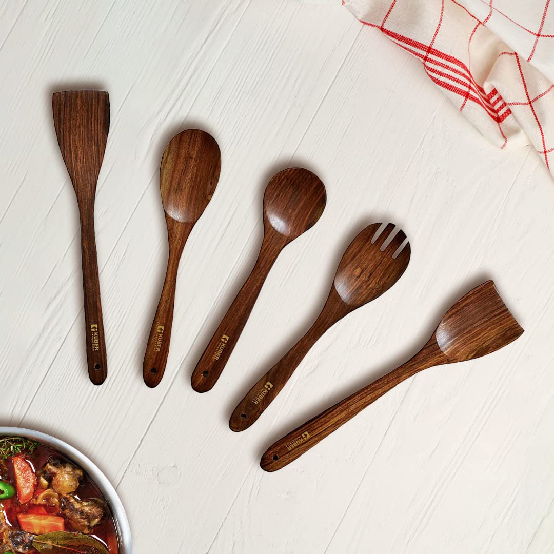 Urbane Home Sheesham Handicrafts Wooden Serving and Cooking Spoons | No Harmful Polish | Naturally Non-Stick | Wood Brown Spoons Kitchen Utensil | Handmade Spatula Set of 5