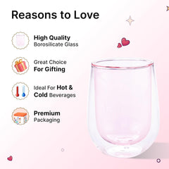 Homestic 2 Pcs Double Walled Borosilicate Glass | High Thermal Resistance | Microwave & Dishwasher Safe | 190 ML | Pack of 1 | Pink