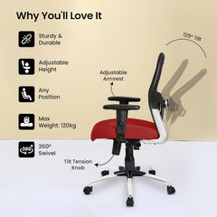 Kuber Industries Ergonomic Office Chairs for Work From Home with Meshback | Comes with Manual Height Adjustable Armrest & Lumbar Support | Comfy Study Chair for Students with Wheels | Black & Red Seat