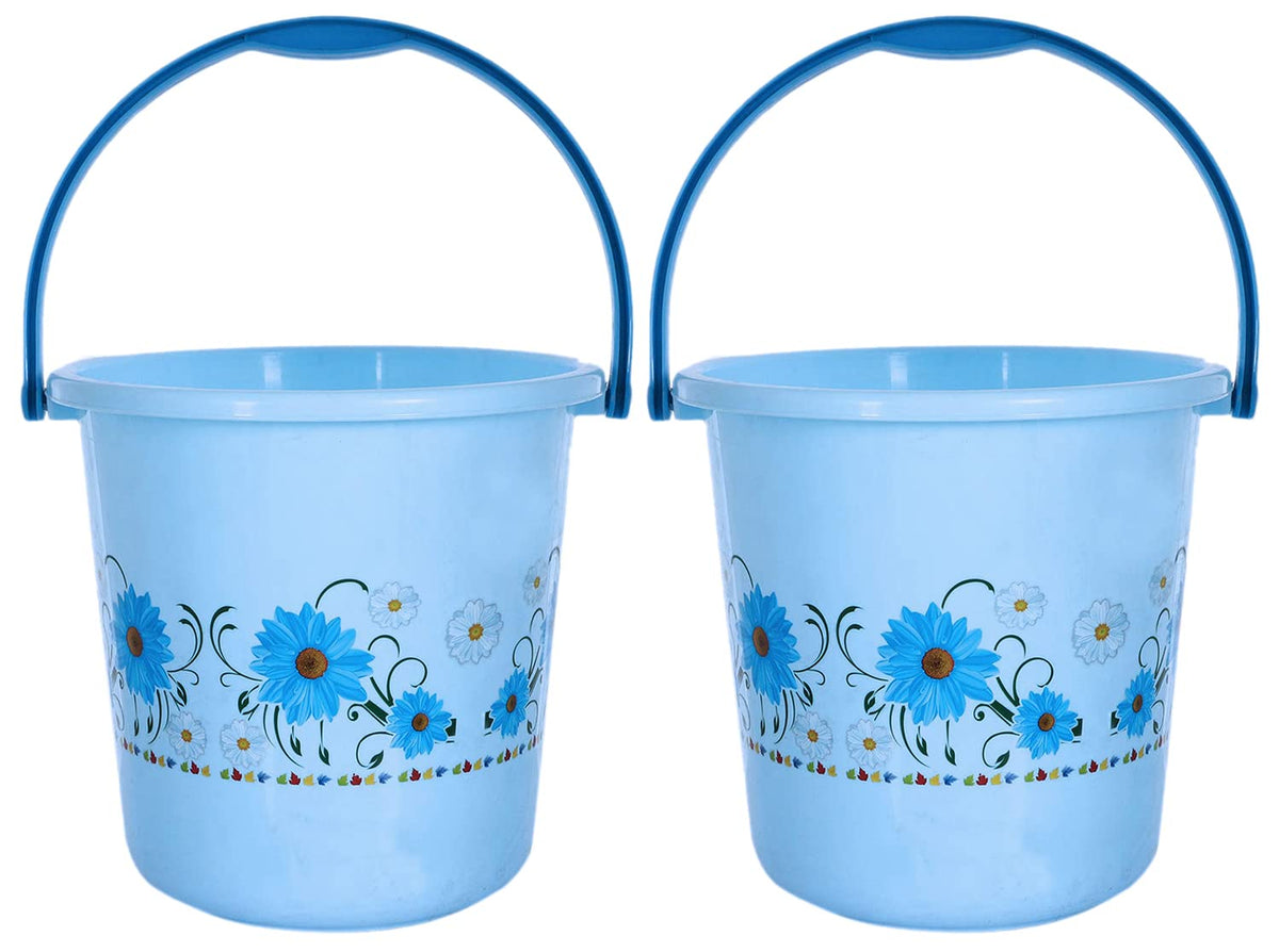 Heart Home Floral Printed Multipurposes Plastic Bucket For Bathing Home Cleaning & Storage Purpose, 18Ltr.- Pack of 2(Blue)-47HH01199