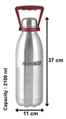 Heart Home Leak/Odour Free Insulated Double Wall Stainless Steel Water Bottle/Flask with Carrying Handle & Pouch, 2100ml (Silver)-HS42KUBMART25158