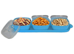 Heart Home Food Grade Microwave Safe Plastic 1 Tray & 3 Bowls Set with Silicon Rubberized Ring Lid (Blue)-50HH01372