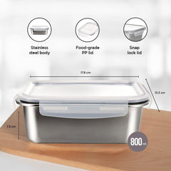Kuber Industries Stainless Steel Food Container | Leakproof | Snap Lock Lid | Airtight | Lunch Box for Office Men, Women, Kids | Steel Tiffin Box (800ml, Pack of 2)