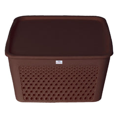 Heart Home Netted Design Unbreakable Multipurpose Square Shape Plastic Storage Baskets with lid Large Pack of 3 (Brown)
