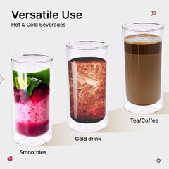 Kuber Industries 8 Pcs Double Walled Glasses | Borosilicate Glass Tumblers for Water | High Heet Resistance | Microwave & Dishwasher Safe | Juice Glasse | 250 ML | Pack of 4 | Transparent