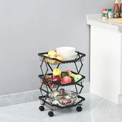 Kuber Industries 3-Layer Collapsible Kitchen Rack|Multipurpose Storage Basket|360-Degree Rotable Kitchen Trolley|Fruit Basket Pack of 2 (Black)