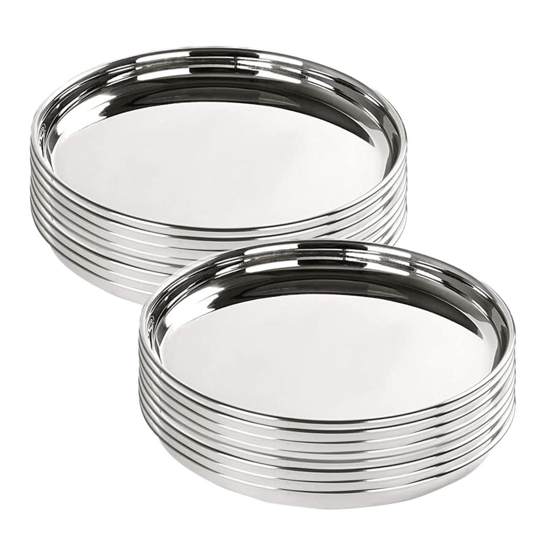 Kuber Industries Stainless Steel Dining Plate Set | Blunt Edges, Deep Base | Glossy Finish, Durable, Easy to Clean | Steel Plates for Lunch, Breakfast, Dinner | Set of 4 (Pack of 4)