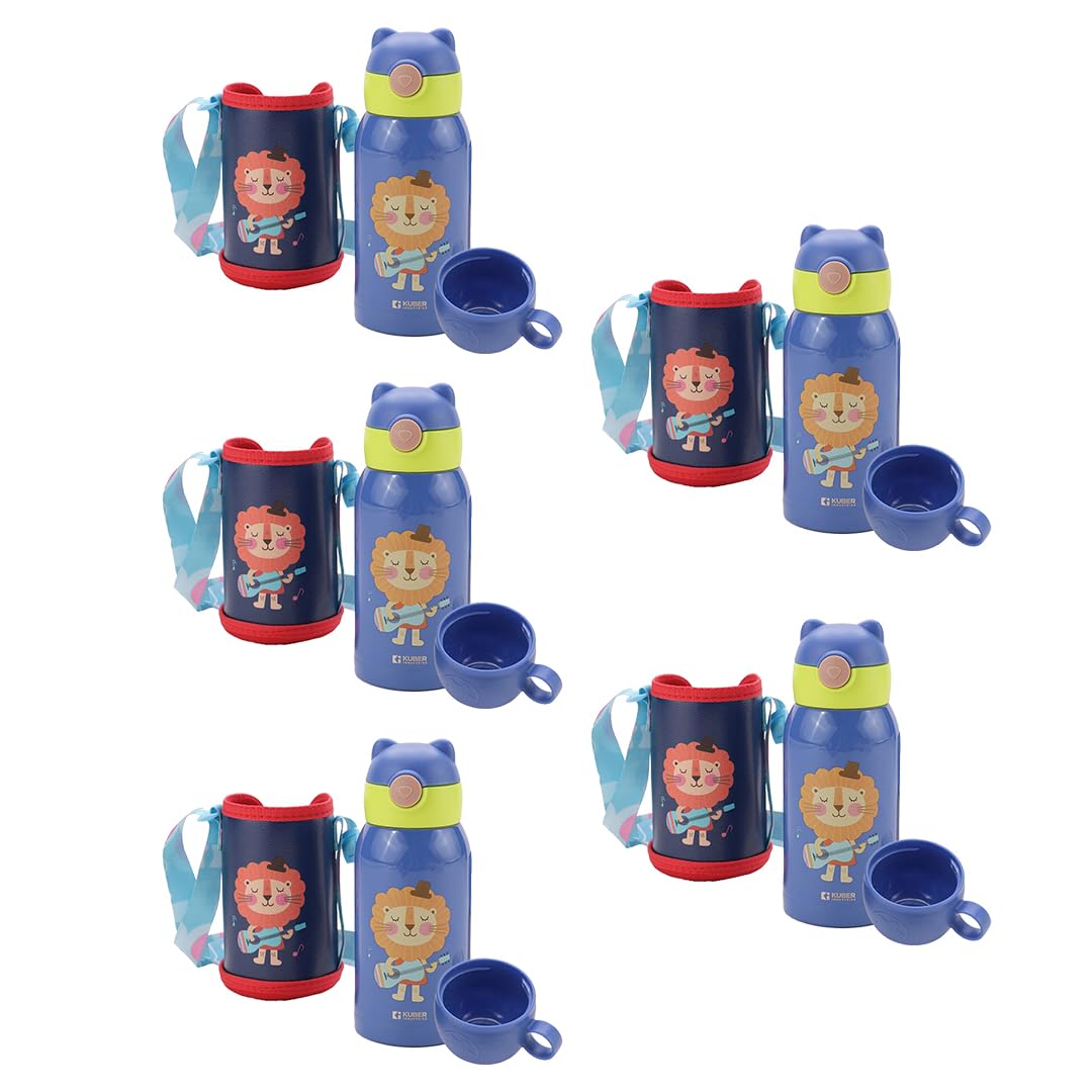Kuber Industries Water Bottle for Kids|Stainless Steel Flask with Straw, Cup & Fabric Cover|Sipper Bottle for Kids|Food Grade Plastic Lid|Broad Fabric Strap|Leak Proof, BPA Free|500 ml (Pack of 5)