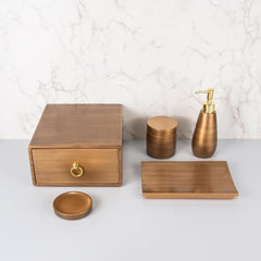 Kuber Industries Premium Polyresin 5pcs Bathroom Accessories Set | Moisture Resistant | Kitchen & Bathroom Use | Soap Dispenser/Cotton Swab Box/Soap Dish/Towel Tray/Amenity Box | Brown