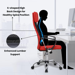 Kuber Industries Ergonomic Office Chairs for Work From Home | Comes with Manual Height Adjustable, Armrest, Headrest & 2D Lumbar Support | Comfy Study Chair for Students with Wheels | Red | MC10-RD