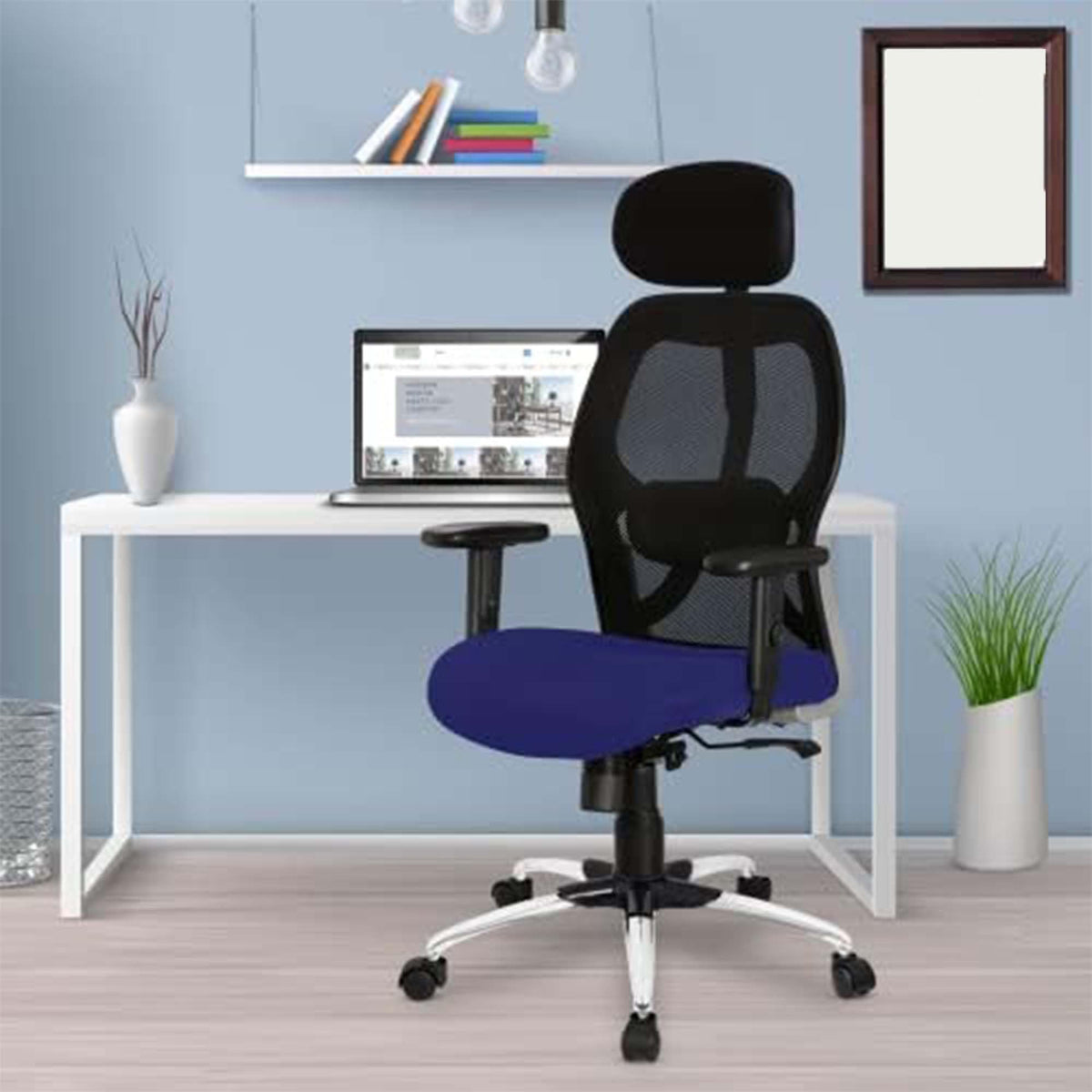 Kuber Industries Ergonomic Office Chairs for Work From Home | Comes with Manual Height Adjustable, Armrest, Headrest & Lumbar Support | Comfy Study Chair for Students with Wheels | Black & Blue Seat
