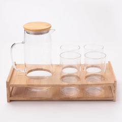 Heart Home Glass Jug Set with Bamboo Tray and 4 Water Glasses | Glass Jug with Bamboo Lid - 950ml | 4 Water Glass - 330ml Each |Designer Jugs & Cups Set | Ideal Housewarming Gift