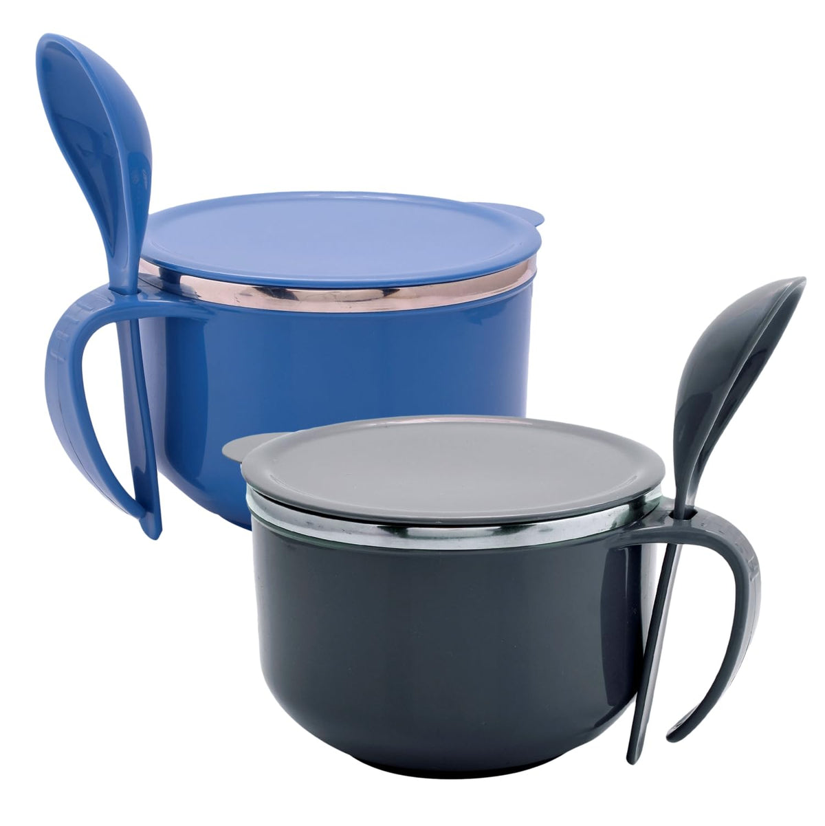 Heart Home Noodle & Soup Bowl Set | Steel Noodle Bowl with Spoon | Airtight Bowl for Pasta-Rice | Food Container | Office Bowl | Kitchen Bowl Set | 600 ML | Pack of 2 | Multicolor