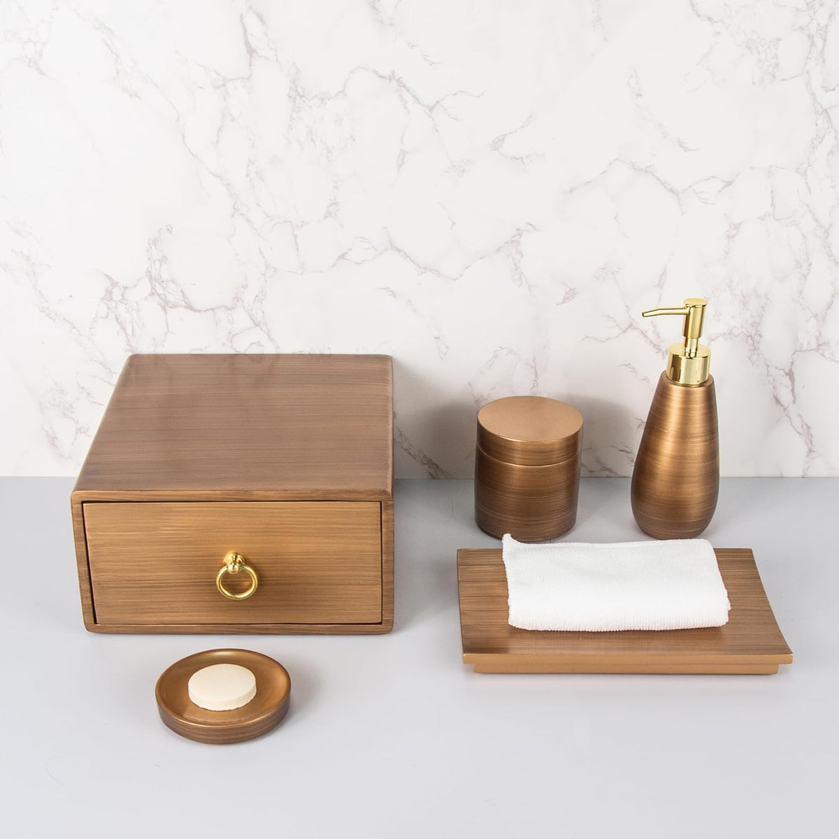 Kuber Industries Premium Polyresin 5pcs Bathroom Accessories Set | Moisture Resistant | Kitchen & Bathroom Use | Soap Dispenser/Cotton Swab Box/Soap Dish/Towel Tray/Amenity Box | Brown