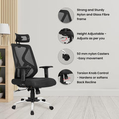 Kuber Industries Ergonomic Office Chairs for Work From Home | Comes with Manual Height Adjustable, Armrest, Headrest & 2D Lumbar Support | Comfy Study Chair for Students with Wheels | Black