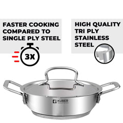 Urbane Home Tri-ply Stainless Steel Kadhai with lid I Induction Base I 2.2 litres Capacity I 22cm Diameter I Extra Deep Frying Pan I Riveted Handles