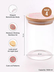 Kuber Industries Borosilicate Glass Jar with Printed Bamboo Lid|Kitchen Organizer Items and Storage|Multi-utility, Leakproof, Airtight Storage Jar for Cookies,Snacks,Tea,Coffee,Sugar|Pack of 4(1000ml)