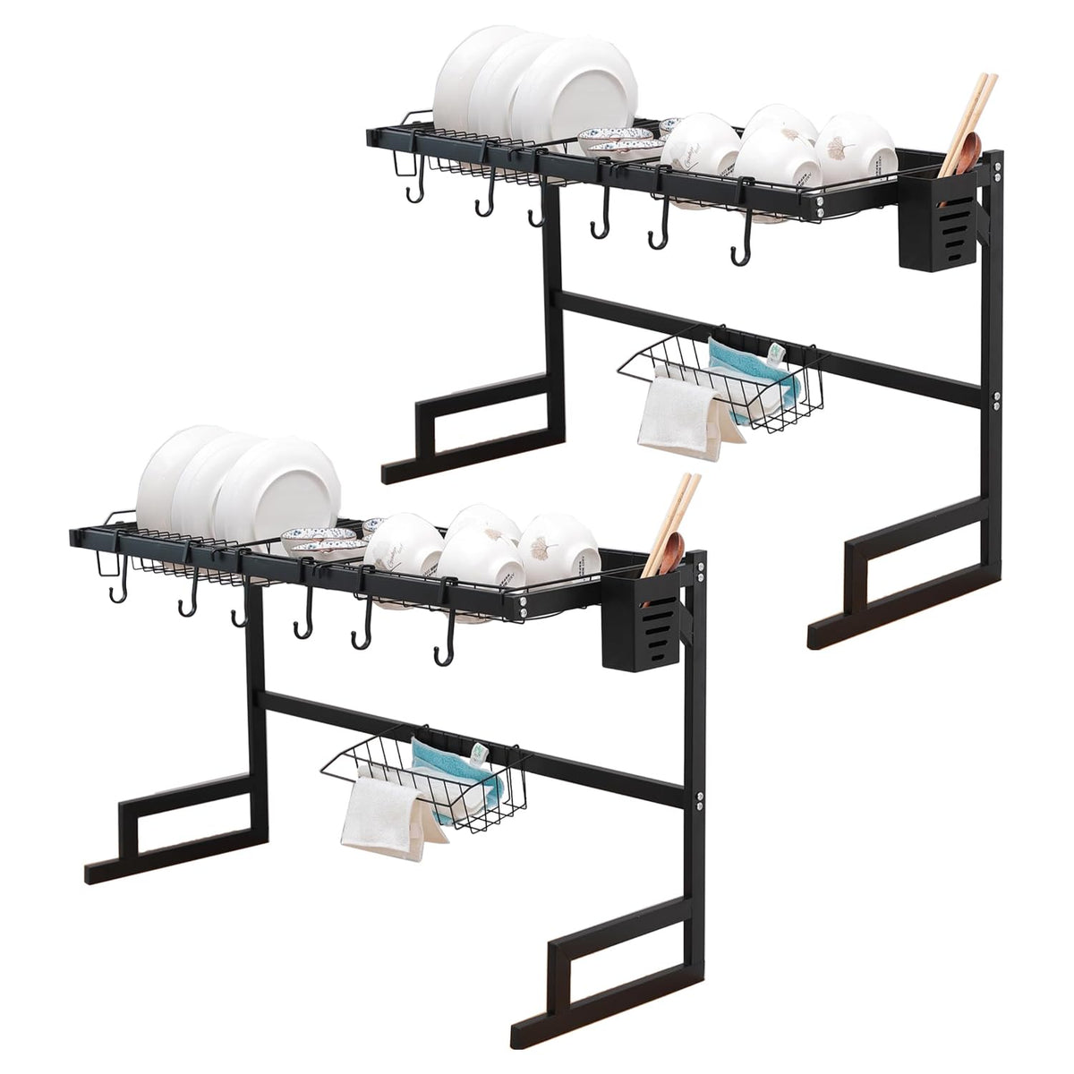 Kuber Industries Dish Drying Rack|Storage Rack for Kitchen Counter|Drainboard & Cutting Board Holder|Premium Utensils Basket Pack of 2 (Black)