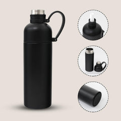 Kuber Industries Pack of 5 Vacuum Insulated Water Bottle | Stainless Steel Sipper Bottle with Handle | Hot & Cold Water Bottle | Leakproof, BPA Free, Rustproof | 500 ML | Black