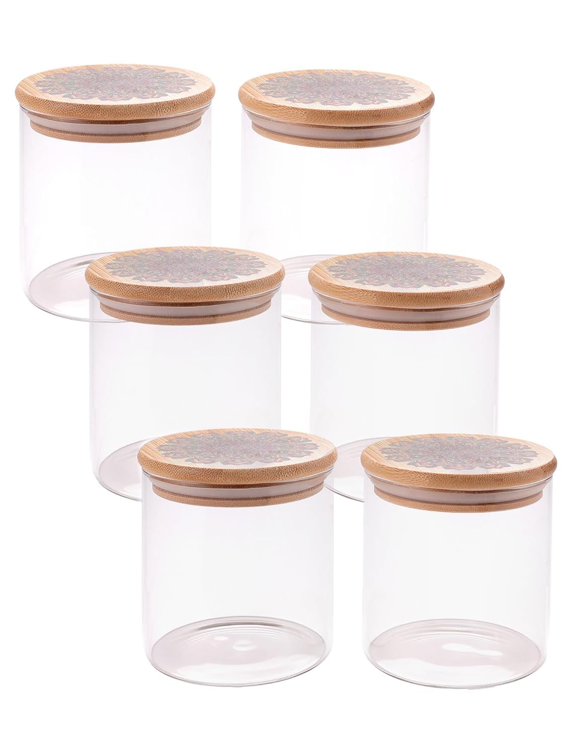 Urbane Home Borosilicate Glass Jar with Printed Bamboo Lid|Kitchen Organizer Items and Storage|Multi-utility, Leakproof, Airtight Storage Jar for Cookies,Snacks,Tea,Coffee,Sugar|Pack of 6(300ml)