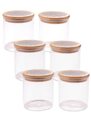 Urbane Home Borosilicate Glass Jar with Printed Bamboo Lid|Kitchen Organizer Items and Storage|Multi-utility, Leakproof, Airtight Storage Jar for Cookies,Snacks,Tea,Coffee,Sugar|Pack of 6(300ml)