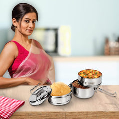 Kuber Industries Clipper Stainless Steel Tiffin Box | Lunch Box with Locking Clip I Silver | Set of 3 Box | Everyday use Home Office Steel Lunch Box (3 Container, 1000ml) (Pack of 4)