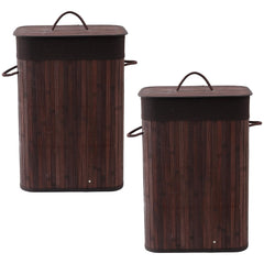 Kuber Industries Bamboo Basket With Lid|Foldable Laundry Basket For Clothes|Durable Rope Handles & Removable Bag|Pack Of 2|Dark Brown