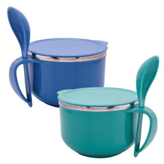 Heart Home Noodle & Soup Bowl Set | Steel Noodle Bowl with Spoon | Airtight Bowl for Pasta-Rice | Food Container | Office Bowl | Kitchen Bowl Set | 600 ML | Pack of 2 | Multicolor