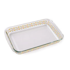 Homestic 3000 ml Borosilicate Printed Glass Baking Tray | Transparent Microwave Oven Safe Utensils | Rectangular Bread Moulds for Baking | Dishwasher Safe | Multipurpose use Serving Tray