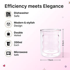 Kuber Industries 10 Pcs Waved Shape Glasses | Double Walled Borosilicate Glass | High Thermal Resistance | Microwave & Dishwasher Safe | 200 ML | Pack of 5 | Pink