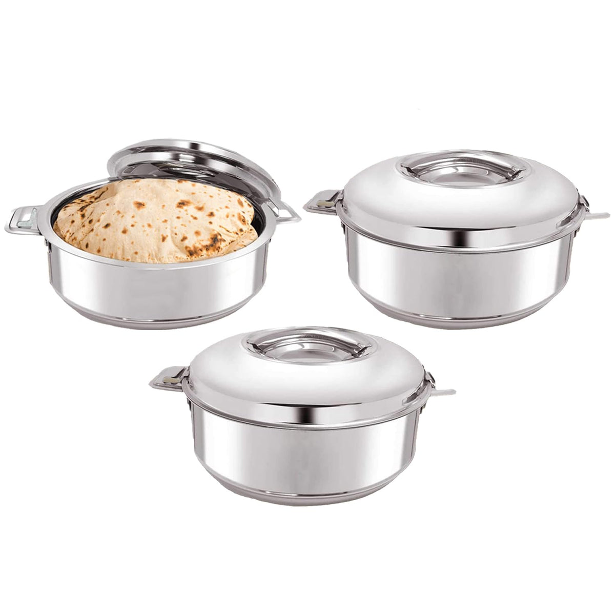 Kuber Industries Stainless Steel Casserole/Chapati Box|2000 ML Chapati Box with Easy Lock Mechanism|Garam Puri & Roti Hot Box|Double Walled Heat Retention for Upto 8 hrs|Heavy Duty Gauge (Pack of 3)