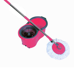 Kuber Industries Plastic Adjustable Mopping Set & 2 Microfiber Head Refill with Wheels Bucket and Auto Fold Handle for Floor Cleaning (Pink)