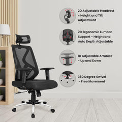 Kuber Industries Ergonomic Office Chairs for Work From Home | Comes with Manual Height Adjustable, Armrest, Headrest & 2D Lumbar Support | Comfy Study Chair for Students with Wheels | Black