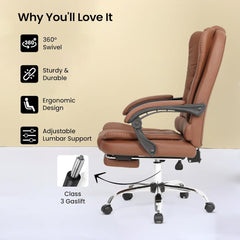 Kuber Industries Leather Office Chairs for Work From Home | Comes with Manual Height Adjustable, Armrest, Headrest & Lumbar Support | Comfy Chair for Students with Wheels & Footrest | Brown | 809M-BRN
