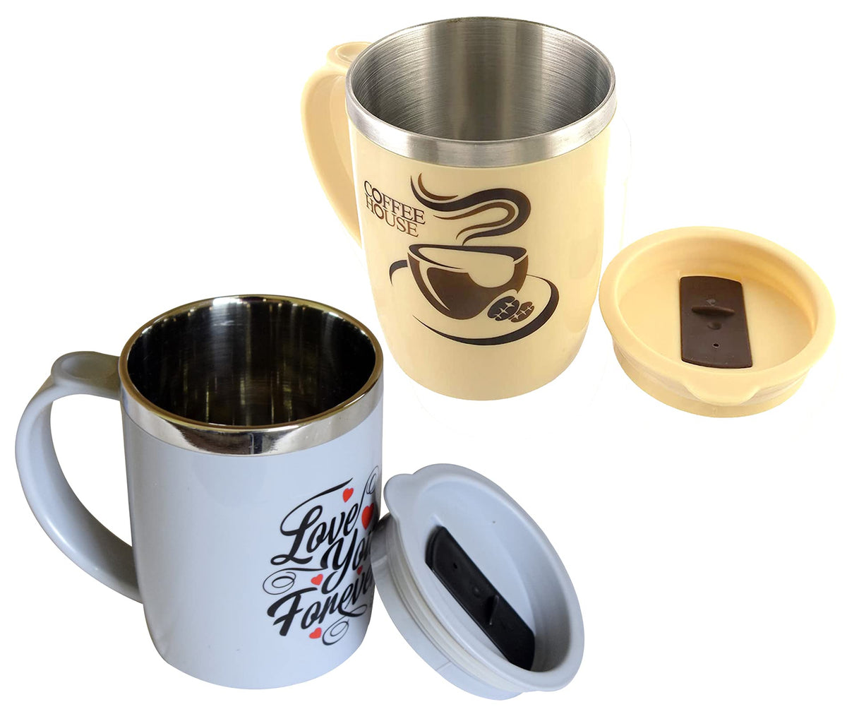 Kuber Industries Double Wall Vacuum Insulated Food Grade BPA Free Plastic Coffee Mug with Lid, Pack of 2 (Grey & Coffee)