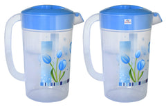 Heart Home Flower Printed Unbreakable Multipurpose Plastic Water Jug/Pitcher with Lid, 2.4 LTR. - Pack of 2 (Blue)-HS42KUBMART25239