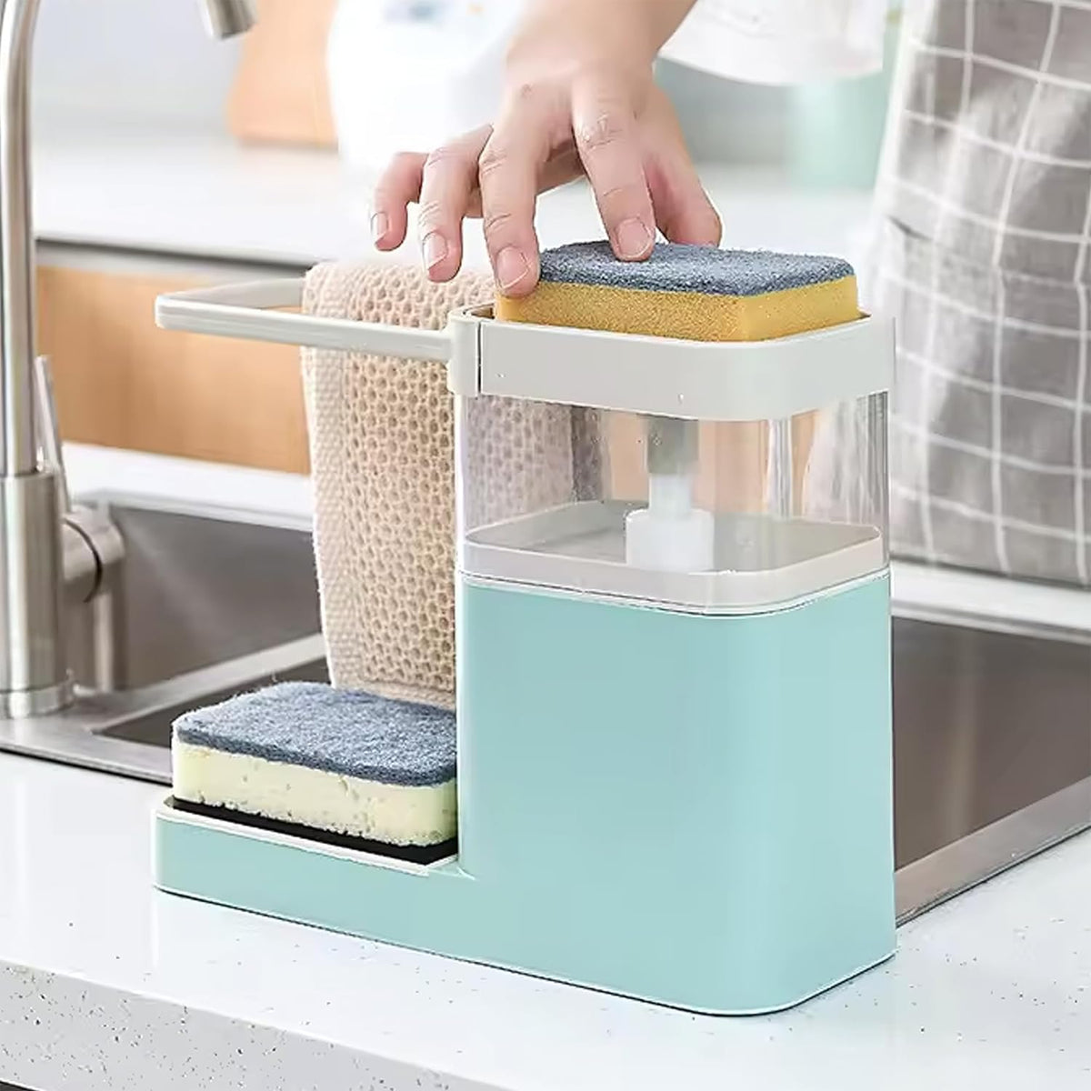 Heart Home 3-in-1 Soap Dispenser (800ml) with Sponge Holder & Towel Rack | Multifunctional Kitchen Accessories Items for Home | Non-Fragile | Blue