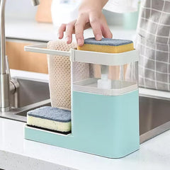 Heart Home 3-in-1 Soap Dispenser (800ml) with Sponge Holder & Towel Rack | Multifunctional Kitchen Accessories Items for Home | Non-Fragile | Blue