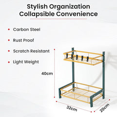 Kuber Industries 2-Layer Dish Drying Rack|Storage Rack for Kitchen Counter|Drainboard & Cutting Board Holder|Premium Utensils Basket (Green & Gold)