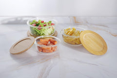 Kuber Industries Set of 3 Borosilicate Galss 950ml, 650ml, 400ml Round Food Kitchen Containers Set with Bamboo Lid | Multipurpose Storage Box for Fridge Organizers | LB301RD-Transparent