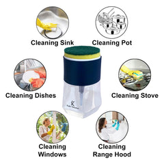 Kuber Industries Round Liquid Soap Dispenser for Kitchen | with Pump and 2 Sponge Scrubs | Plastic, Lightweight & Durable | Multipurpose Use, Ergonomic Design & Easy to Clean | Blue (Pack of 1)