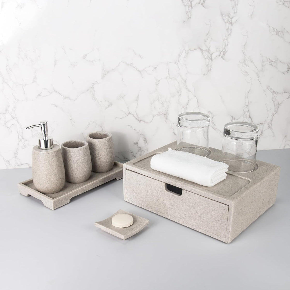Urbane Home Premium 6 Pc Poly Resin Bathroom Accessories Set - Soap Dish, 250 ml Lotion Bottle, 2 250 ml Cups, Tray, Consumable Box | Moisture-Resistant, Non-Fragile, Scratch-Proof | Khaki