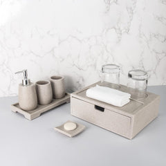 Urbane Home Premium 6 Pc Poly Resin Bathroom Accessories Set - Soap Dish, 250 ml Lotion Bottle, 2 250 ml Cups, Tray, Consumable Box | Moisture-Resistant, Non-Fragile, Scratch-Proof | Khaki